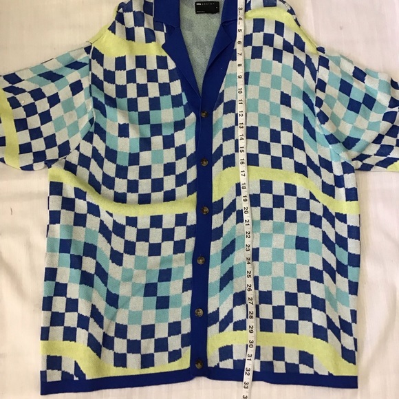 ASOS DESIGN MEN BLUE CHECKEREDBOARD KNITTED OVERSIZED BUTTON SHIRT SIZE M - Picture 6 of 8